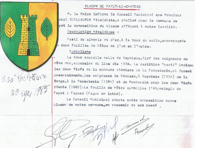 Extrait du registre des délibérations du 16 juin 1984 date à laquelle a été créé le blason de Fayet