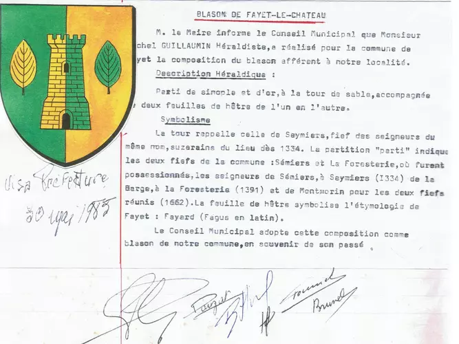 Extrait du registre des d&eacute;lib&eacute;rations du 16 juin 1984 date &agrave; laquelle a &eacute;t&eacute; cr&eacute;&eacute; le blason de Fayet